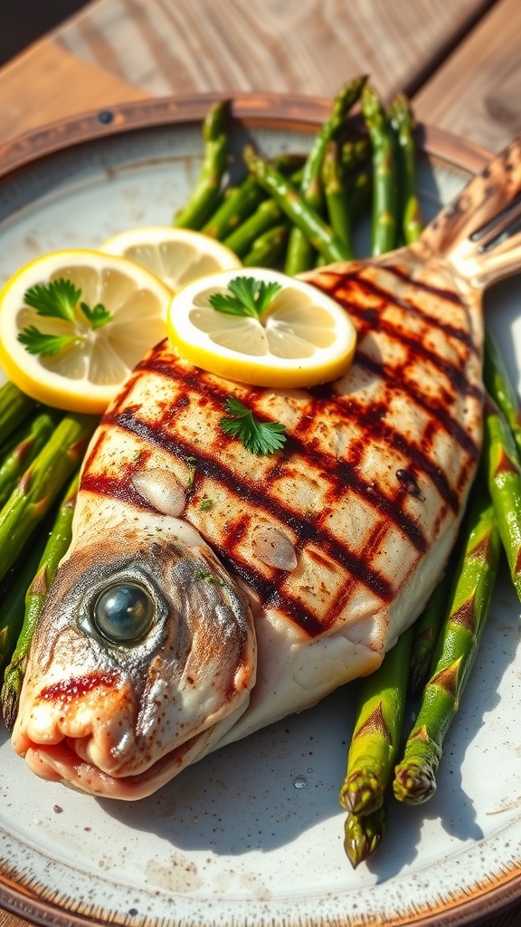 Grilled Branzino with Lemon Garlic Asparagus Grilled branzino with lemon and parsley next to grilled asparagus on a rustic plate.